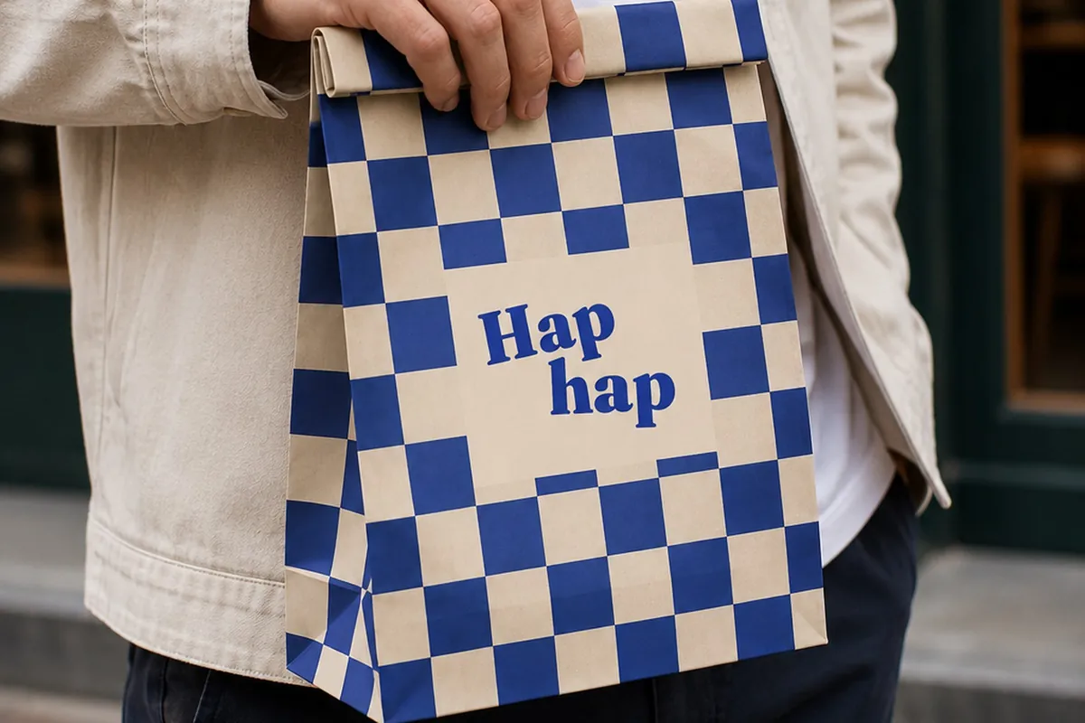 Iemand loopt de zaak uit met een geblokte Haphap tas